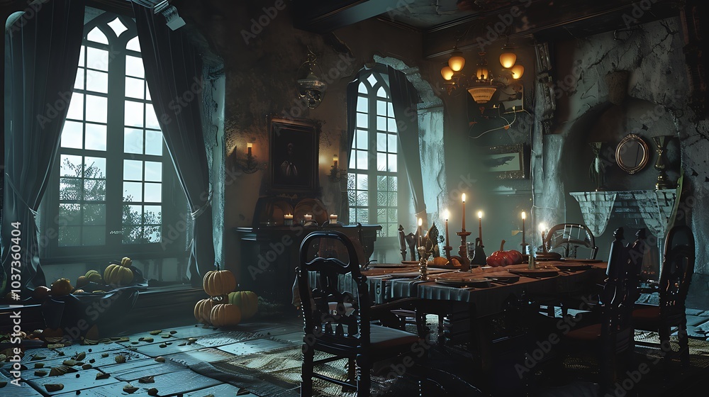 Naklejka premium A spooky lunch with costumed things pillows and chairs