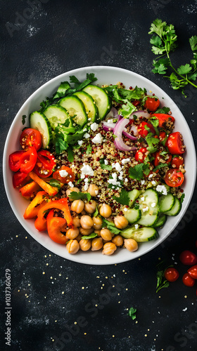 Vibrant Quinoa Salad with Fresh Vegetables, Chickpeas, Avocado, and Feta Cheese in a Large White Bowl - A Wholesome and Colorful Meal