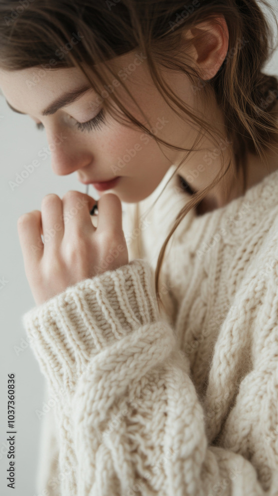 Contemplative woman in cozy knitwear: serenity and style Contemplative woman in cozy knitwear: serenity and style