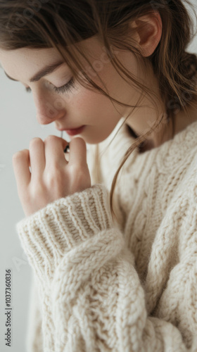 Contemplative woman in cozy knitwear: serenity and style