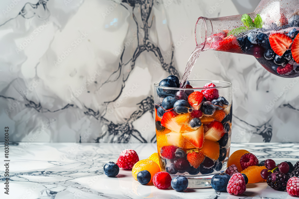 Φωτογραφία Glass of fruit juice is poured into a glass with a variety of fruits, including