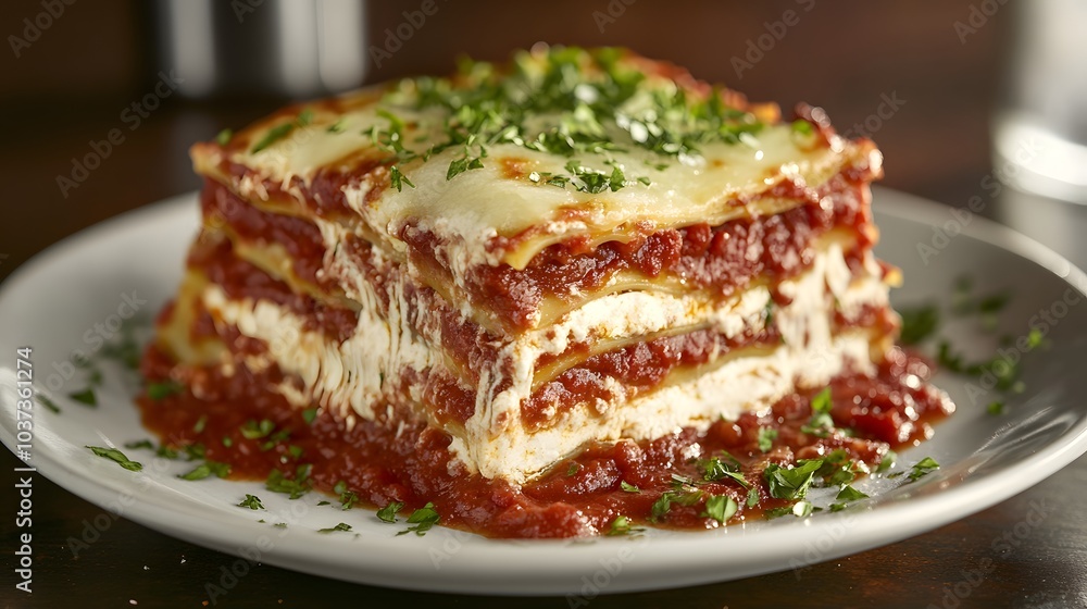 A delicious serving of lasagna topped with herbs and cheese on a white plate. A delicious serving of lasagna topped with herbs and cheese on a white plate.