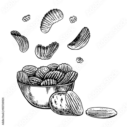 Potato chips in a bowl. Vector graphics depicting chips with a corrugated surface falling into a bowl. Black and white hand-drawn illustration. On a white background. Great for labels, banners, poster