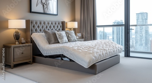 horizontal adjustable bed mattress in a city condo with view, bed is adjusted