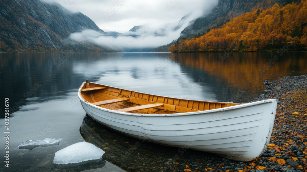 serene white wooden boat rests on calm waters of Lake Bondhus in Norway, surrounded by stunning autumn foliage and majestic mountains. tranquil scene evokes sense of peace and natural beauty serene white wooden boat rests on calm waters of Lake Bondhus in Norway, surrounded by stunning autumn foliage and majestic mountains. tranquil scene evokes sense of peace and natural beauty