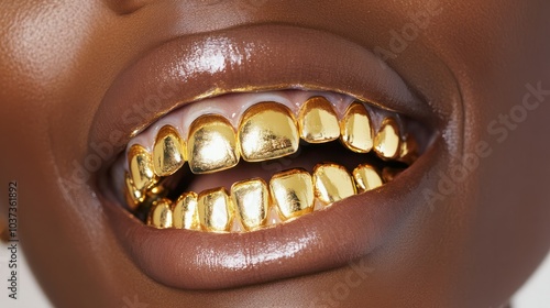 A closeup shot of a smiling individual proudly showcasing their luxurious and eyecatching gold dental grills photo