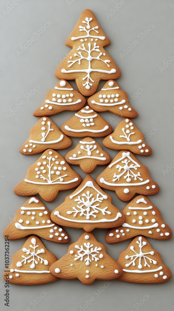 Delightful gingerbread Christmas tree adorned with white icing against a bright, minimalistic backdrop Delightful gingerbread Christmas tree adorned with white icing against a bright, minimalistic backdrop
