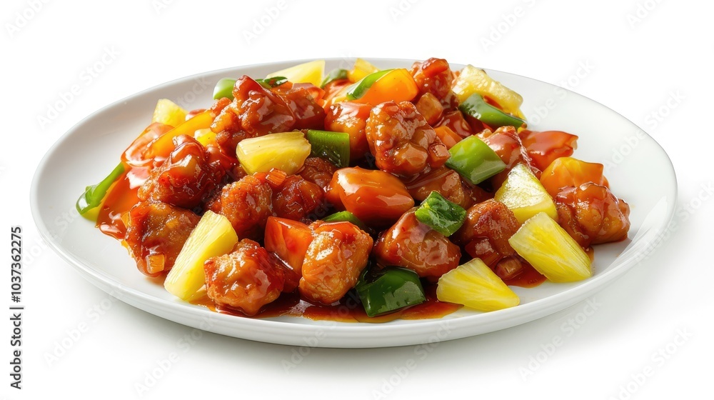 Chinese food, sweet and sour chicken with pineapple cubes Chinese food, sweet and sour chicken with pineapple cubes