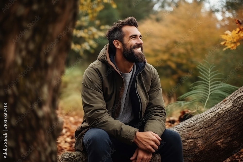 Portrait of a handsome bearded man sitting on a tree trunk in the autumn forest Portrait of a handsome bearded man sitting on a tree trunk in the autumn forest