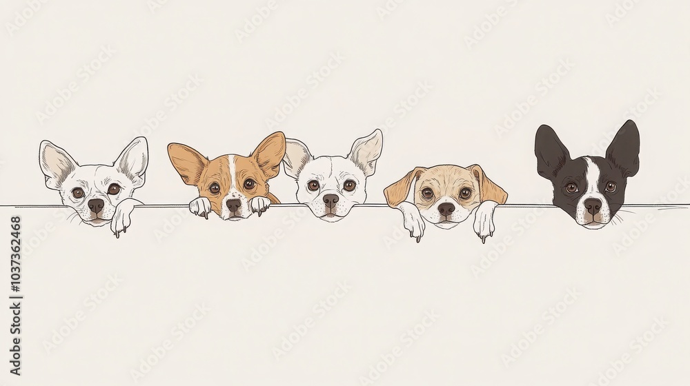 Obraz premium Four adorable dogs peek over a blank sign, perfect for your next pet-themed project.