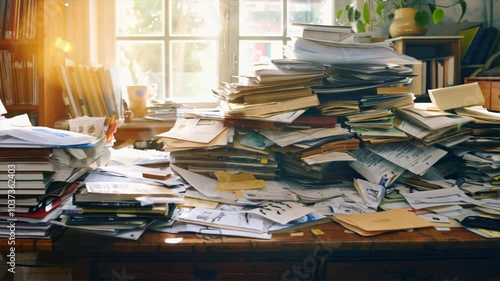Cluttered Desk Chaos Stacks of Papers, Documents, and Files Bathed in Sunlight Create Cozy Yet Busy Workspace Atmosphere