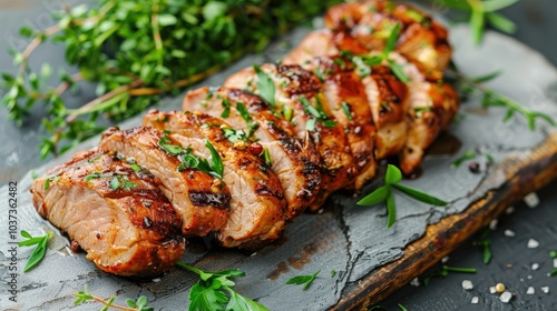 Sliced portion of marinated and grilled pork tenderloin on a wooden board
