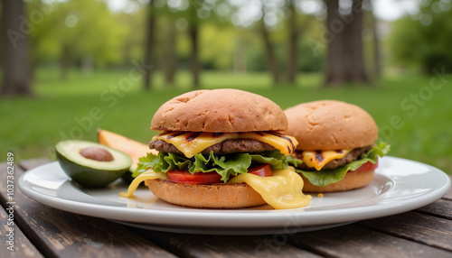 Cheeseburgers with lettuce and avocado on picnic table in the park photo