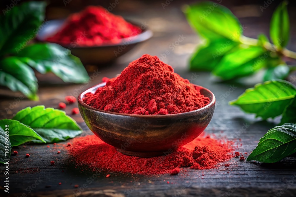 Red Powder in Bowl Surrounded by Green Leaves on Dark Background for Culinary and Natural Health Concepts Red Powder in Bowl Surrounded by Green Leaves on Dark Background for Culinary and Natural Health Concepts