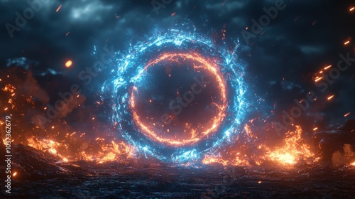 A fiery ring of light glows brightly against a dark sky, surrounded by swirling flames and sparks.