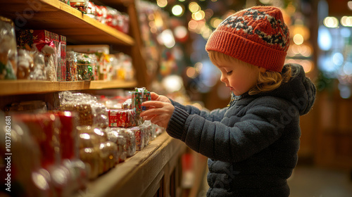 Child enjoying christmas shopping in cozy winter market setting photo