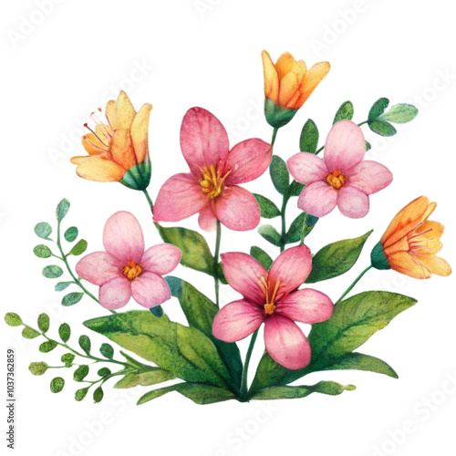 Pink and orange flowers with green leaves arranged in a bouquet. Floral nature element for design and print.