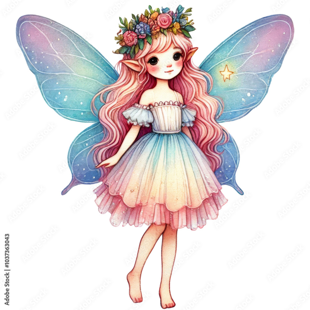 Fairy with pastel wings and floral crown wearing a white dress. Watercolor sticker isolated on transparent background. Fairy with pastel wings and floral crown wearing a white dress. Watercolor sticker isolated on transparent background.