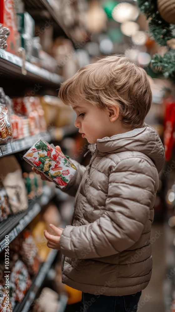 Fototapeta premium Curious child exploring holiday candy aisle in cozy winter jacket