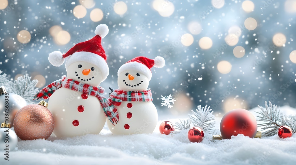 Two Snowmen Wearing Santa Hats in a Winter Wonderland Two Snowmen Wearing Santa Hats in a Winter Wonderland