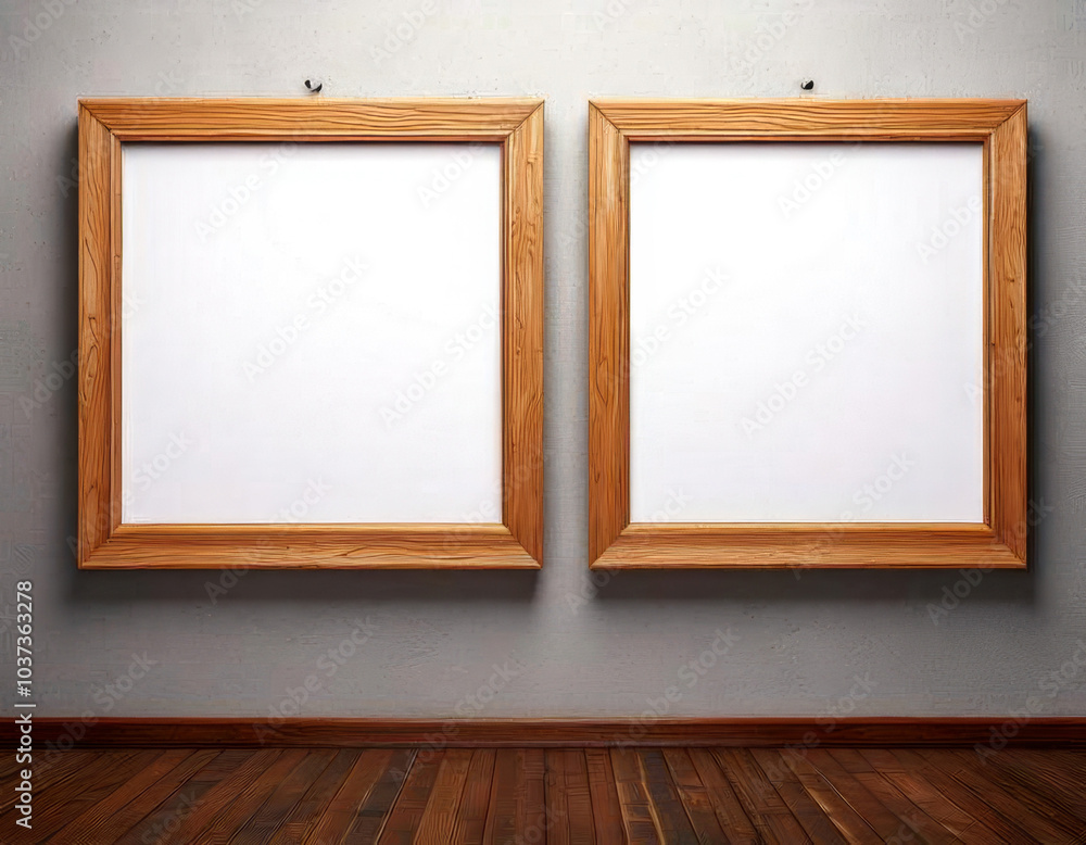Two blank wooden picture frames for text or design to be placed inside on a white wall with wooden floor Two blank wooden picture frames for text or design to be placed inside on a white wall with wooden floor
