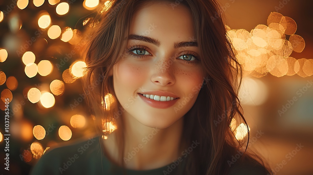 Woman with brunette hair, dressed in an oversized dark green t-shirt, standing in front of a Christmas tree and twinkle lights in a modern white living room Woman with brunette hair, dressed in an oversized dark green t-shirt, standing in front of a Christmas tree and twinkle lights in a modern white living room