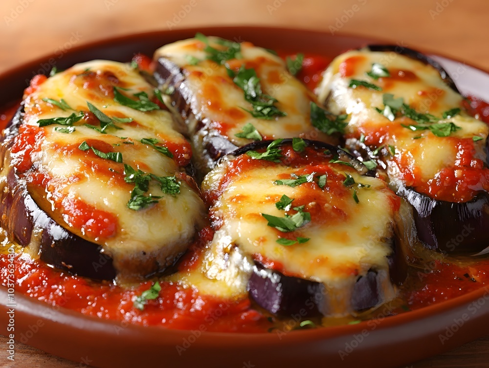 A dish featuring baked eggplant slices topped with cheese and tomato sauce, garnished with herbs. A dish featuring baked eggplant slices topped with cheese and tomato sauce, garnished with herbs.