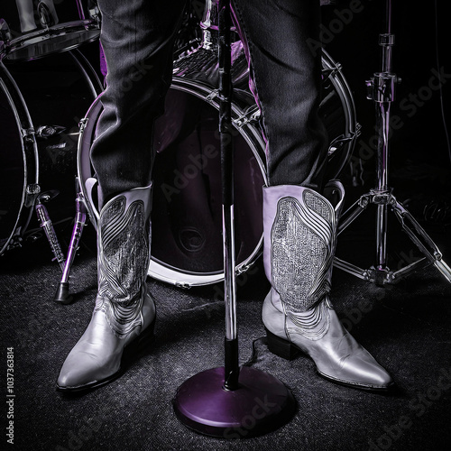 Male cowboy boots close-up next to drum kit. Produced with Generative AI