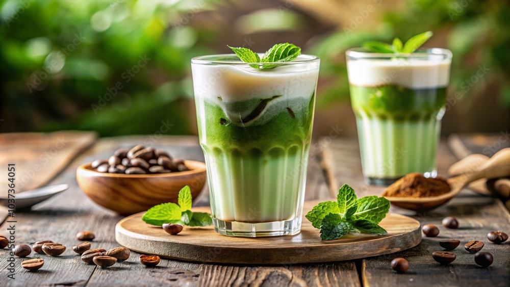Refreshing Ice Matcha Tea with Coffee and Milk - A Perfect Summer Beverage Refreshing Ice Matcha Tea with Coffee and Milk - A Perfect Summer Beverage