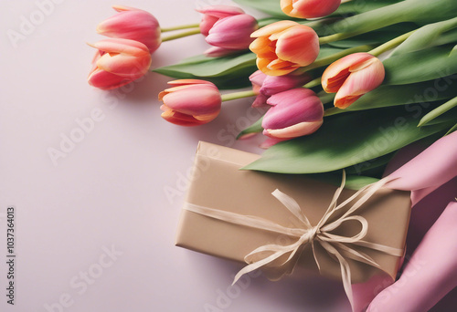 Beautiful tulips with gift for Mothers Day on light background top view