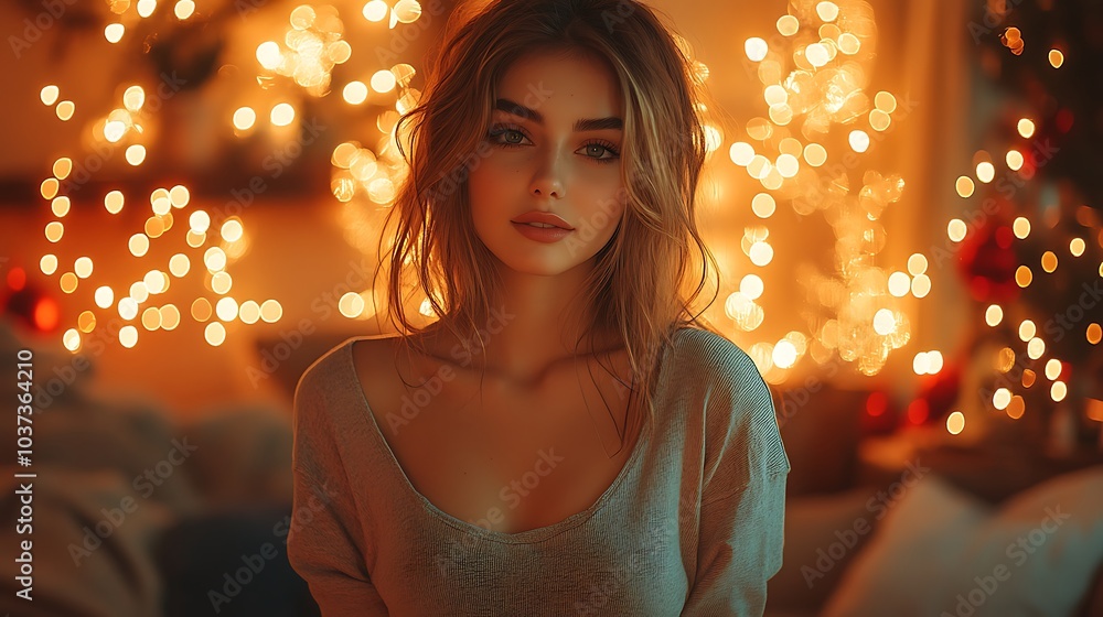 Cute woman with brunette hair, dressed in an oversized t-shirt and jeans, standing in a light-filled living room with Christmas décor and festive lights Cute woman with brunette hair, dressed in an oversized t-shirt and jeans, standing in a light-filled living room with Christmas décor and festive lights