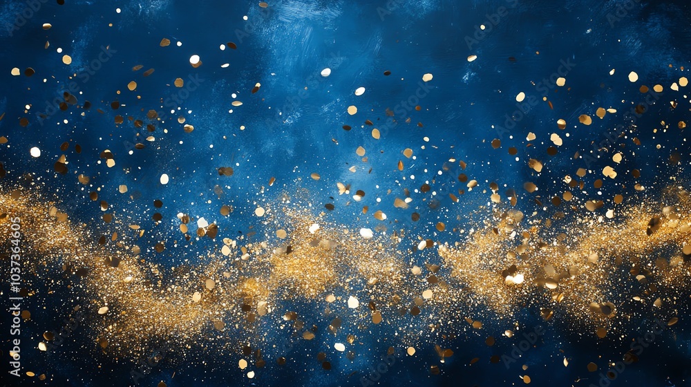 Obraz premium Abstract blue background with golden sparkles and shimmering effects.