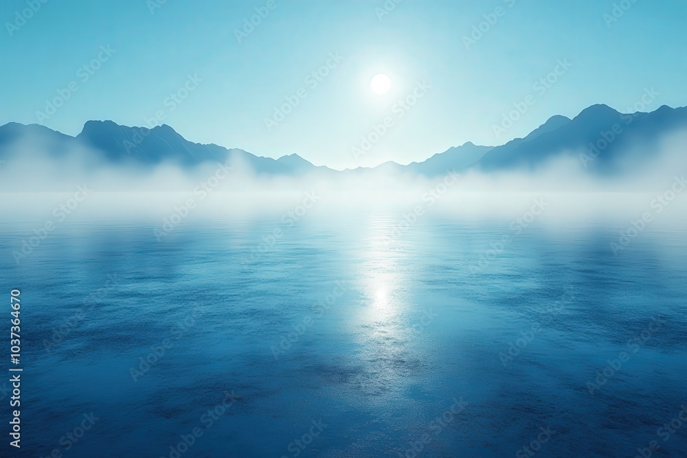 Fototapeta premium Serene Ocean Landscape with Misty Mountains at Sunrise