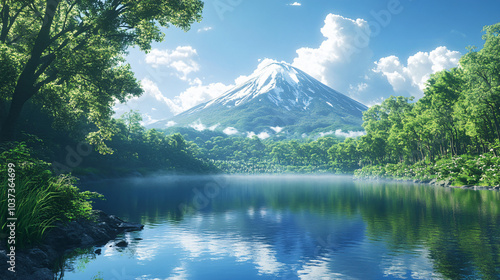 A peaceful lake surrounded by a lush forest and a volcano in the background.