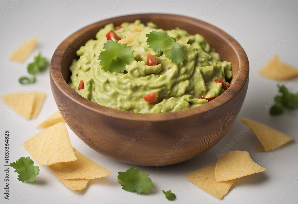 Bowl of guacamole and chips isolated on white background Bowl of guacamole and chips isolated on white background