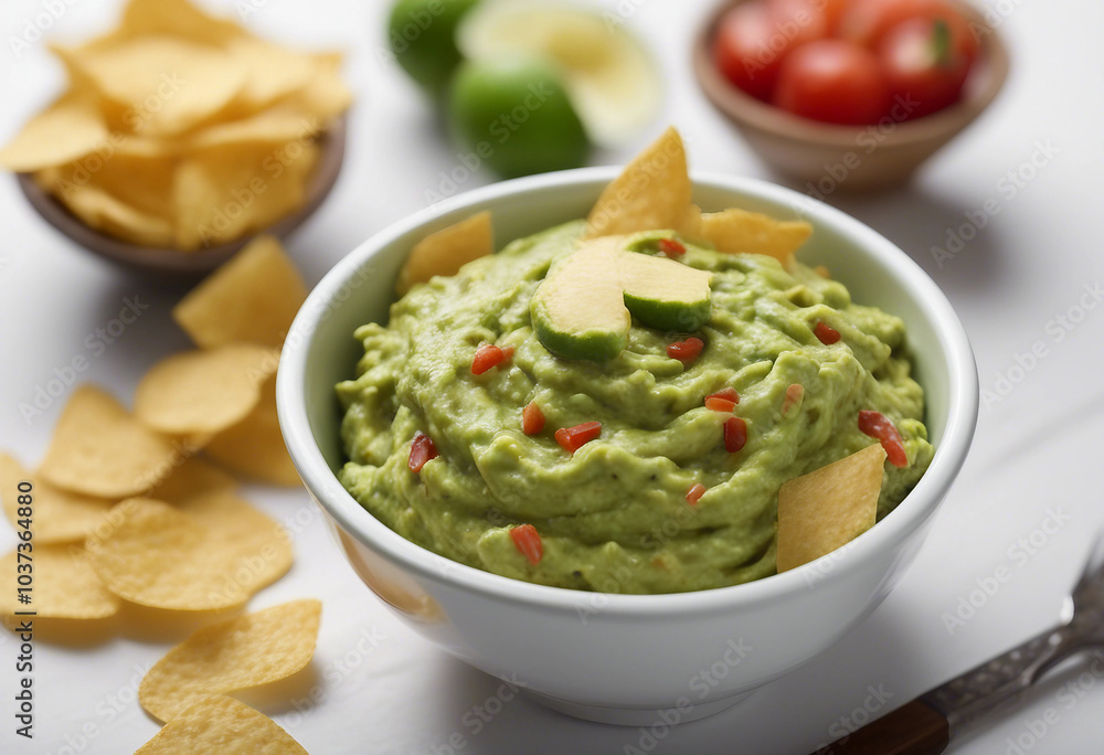Bowl of guacamole and chips isolated on white background Bowl of guacamole and chips isolated on white background