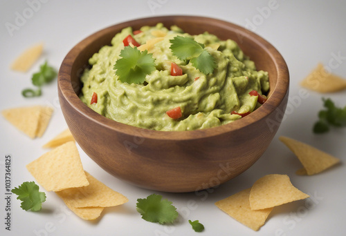 Bowl of guacamole and chips isolated on white background