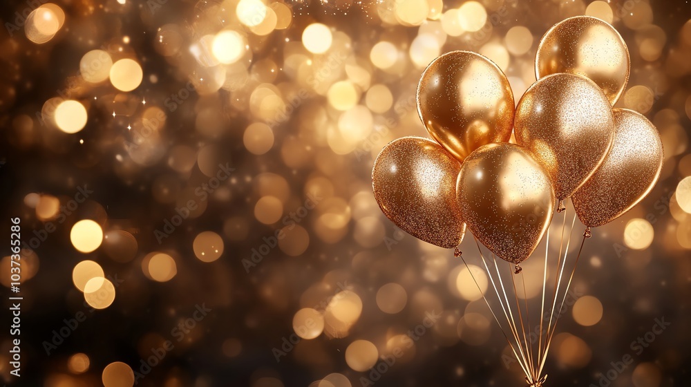 Golden balloons against a sparkling bokeh background, festive and celebratory mood. Golden balloons against a sparkling bokeh background, festive and celebratory mood.