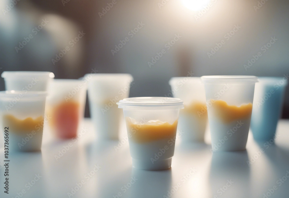 Composition with plastic cups with yogurt on white table Composition with plastic cups with yogurt on white table