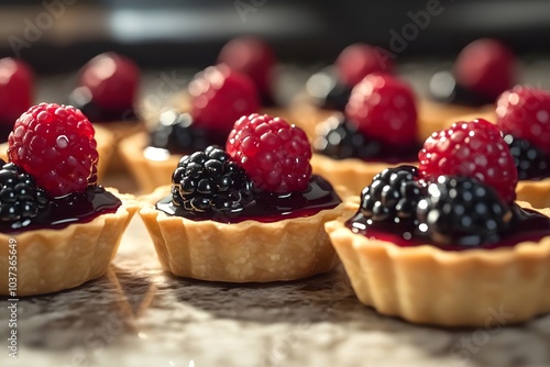 Delicious mini tarts topped with berries and glaze, perfect for dessert or a sweet treat.