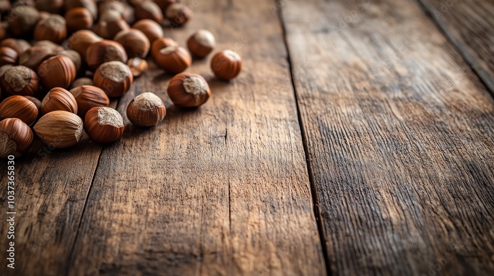 Hazelnuts scattered on rustic wooden surface, natural texture, farm-fresh ambiance. Hazelnuts scattered on rustic wooden surface, natural texture, farm-fresh ambiance.