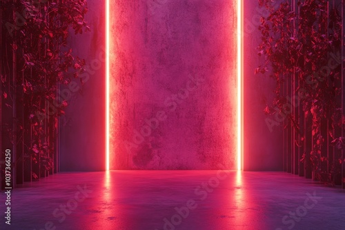 Futuristic Hallway with Neon Lights and Vivid Magenta Atmosphere