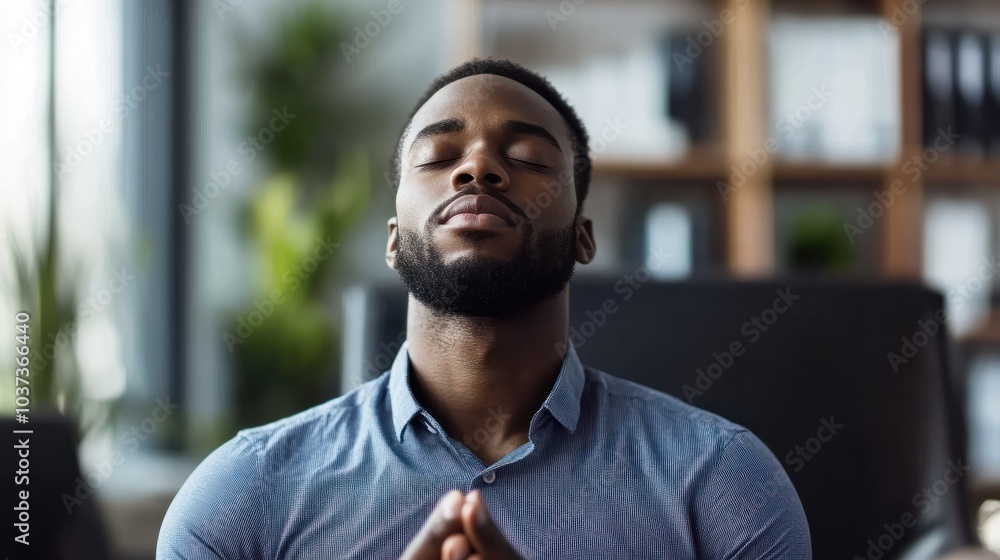 Black man meditating in office coping with stress Black man meditating in office coping with stress