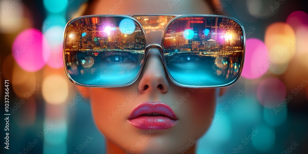 Night City Glamour: A captivating close-up of a woman's face, partially obscured by oversized, reflective sunglasses mirroring a vibrant cityscape at night. The image exudes confidence, mystery. Night City Glamour: A captivating close-up of a woman's face, partially obscured by oversized, reflective sunglasses mirroring a vibrant cityscape at night. The image exudes confidence, mystery.