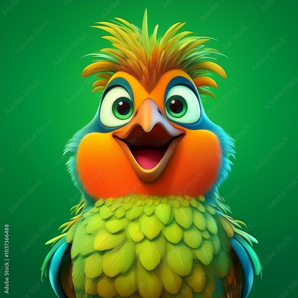 a comical bird that is animated and full of life on a bright green backdrop a comical bird that is animated and full of life on a bright green backdrop