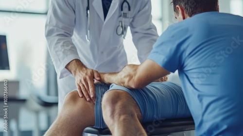 A healthcare professional examines a patient's knee during a medical consultation.