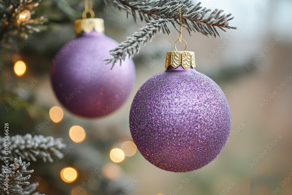 Decorative purple Christmas ornament hanging from a tree branch with soft glowing lights in the background, adding festive charm. Decorative purple Christmas ornament hanging from a tree branch with soft glowing lights in the background, adding festive charm.