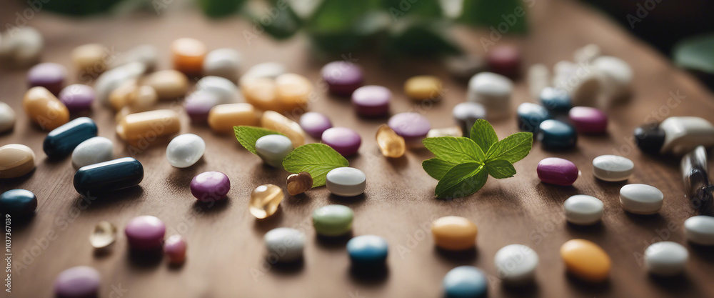 Concept of herbal medicine pills on wooden table top view Concept of herbal medicine pills on wooden table top view