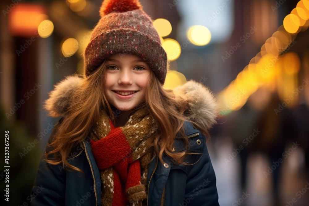 holidays, childhood and people concept - smiling teenage girl in winter clothes over christmas lights background holidays, childhood and people concept - smiling teenage girl in winter clothes over christmas lights background