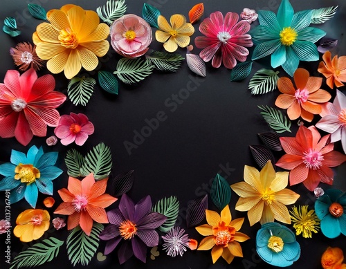 colorful paper cut flowers frame on black background